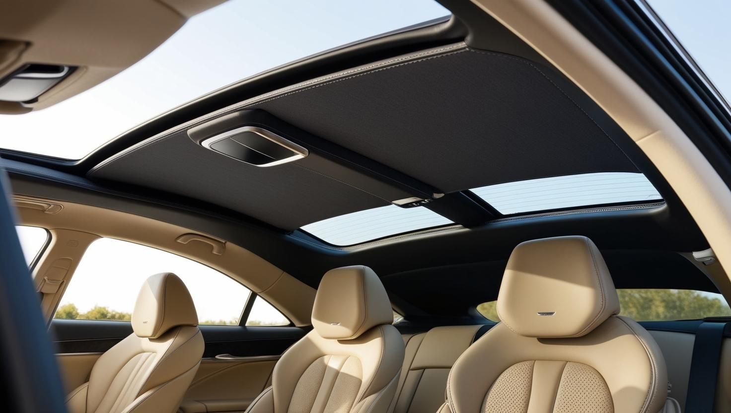 Imagem de um carro com o interior reformado, destacando o teto sintético de alta qualidade, com acabamento impecável, moderno e elegante. A imagem transmite durabilidade, sofisticação e a versatilidade do material, com foco na estética e no design do veículo, evidenciando a aplicação de tetos sintéticos da JB Revestimentos.