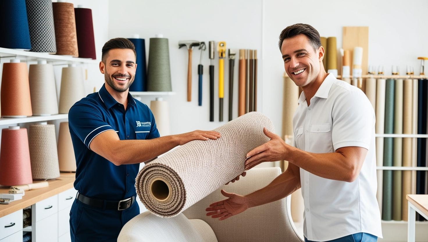 A imagem mostra um colaborador da JB Revestimentos entregando a pronta entrega um produto diretamente na tapeçaria do cliente. O funcionário, vestindo uniforme da empresa, está com um sorriso amigável enquanto entrega o item, que parece ser um material de alta qualidade, como tecido ou revestimento. O cliente, visivelmente satisfeito, recebe o produto com entusiasmo, já no ambiente de trabalho de sua tapeçaria, com ferramentas e outros materiais ao redor. O espaço é bem organizado, com tecidos e produtos de tapeçaria expostos, refletindo o ambiente profissional e dedicado onde a parceria entre o cliente e a JB Revestimentos é celebrada.